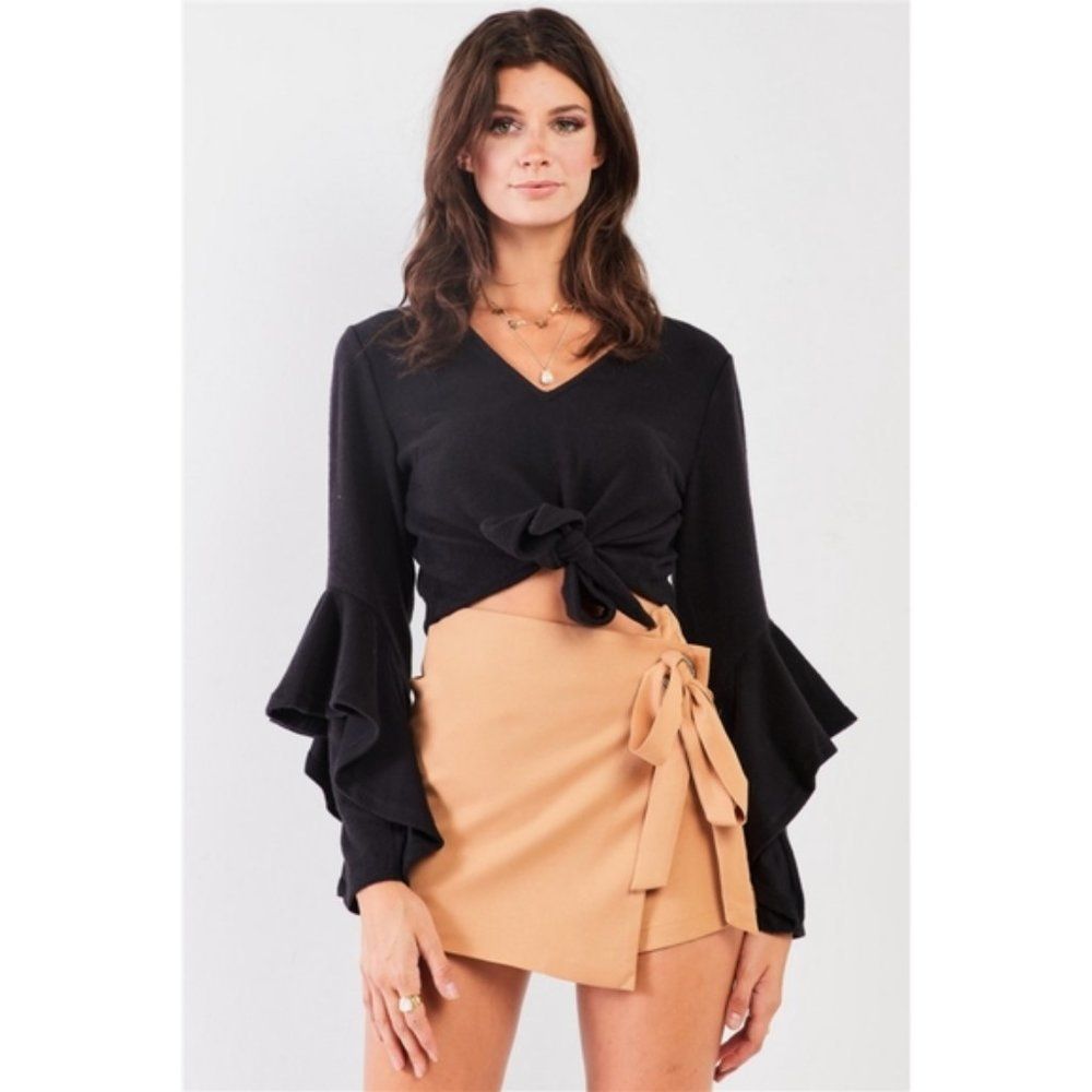 Long Ruffle Sleeve V-Neck Self-Tie Cropped Top